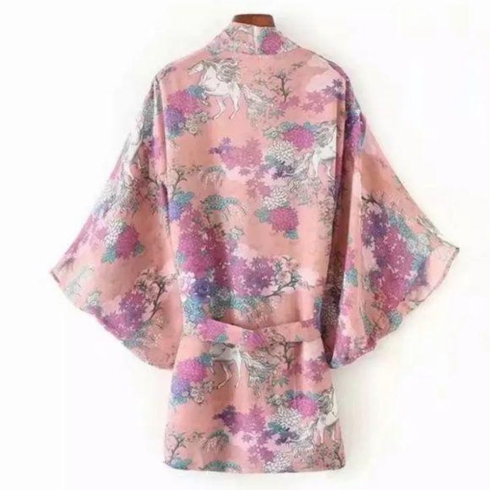 Luxe Boho Wild Horses Pink Floral Kimono Coverup - Picture 4 of 9